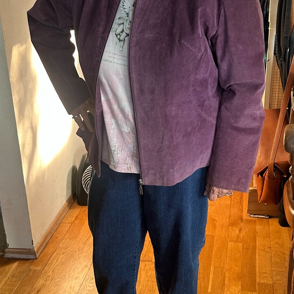 Clio Purple Leather Jacket with Relaxed Fit and Open Front